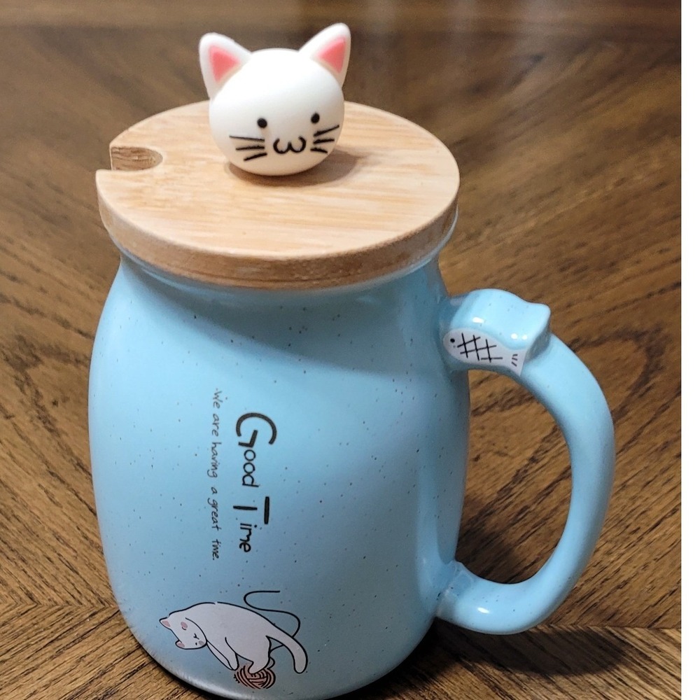 Blue Ceramic Cat Mug with Wood Lid and Fish Handle Speckled Good Time Mug